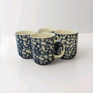 Set of 4 VTG Tienshan Folk Craft Blue & Cream Sponge Splatter Coffee Cups